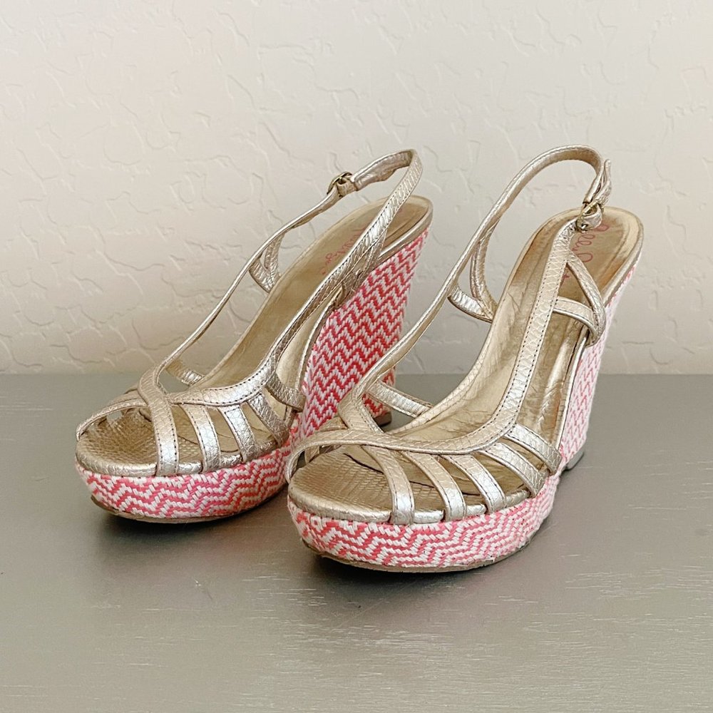 Lilly Pulitzer 6 Sophie Metallic Gold Pink White Wedge Strappy Heel Sandals